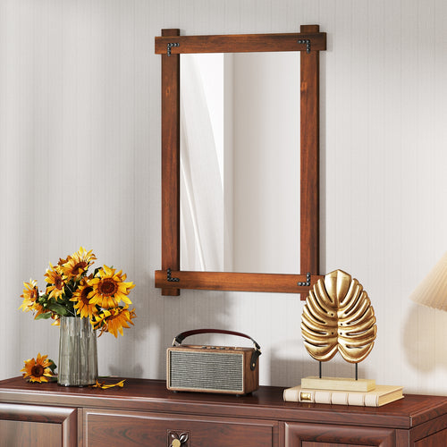 Wood Framed Mirror with Acacia Wood Frame and Vintage Rivet Design Brown-M, Brown