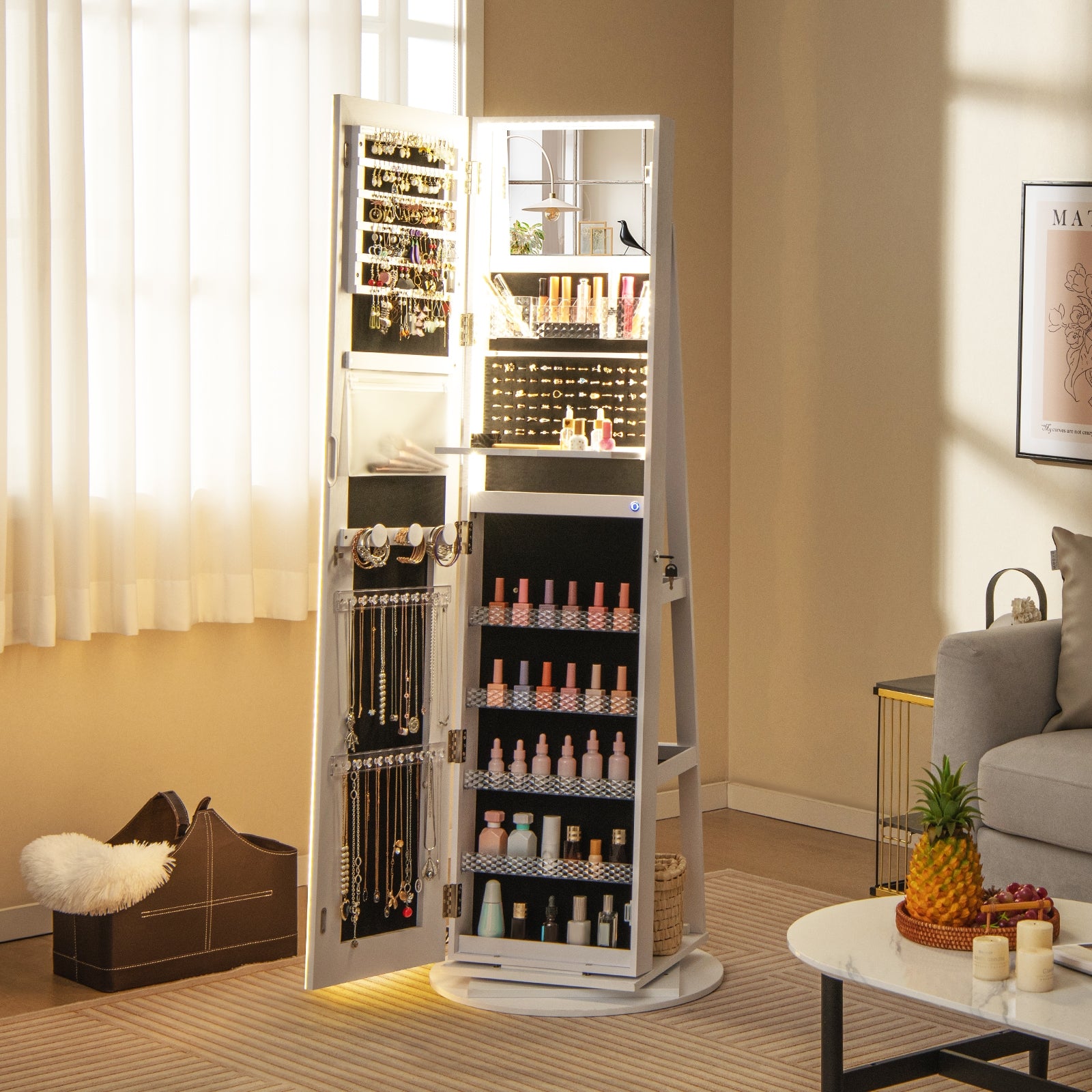 Standing Jewelry Cabinet with Adjustable LED Lights, White Jewelry Armoires   at Gallery Canada