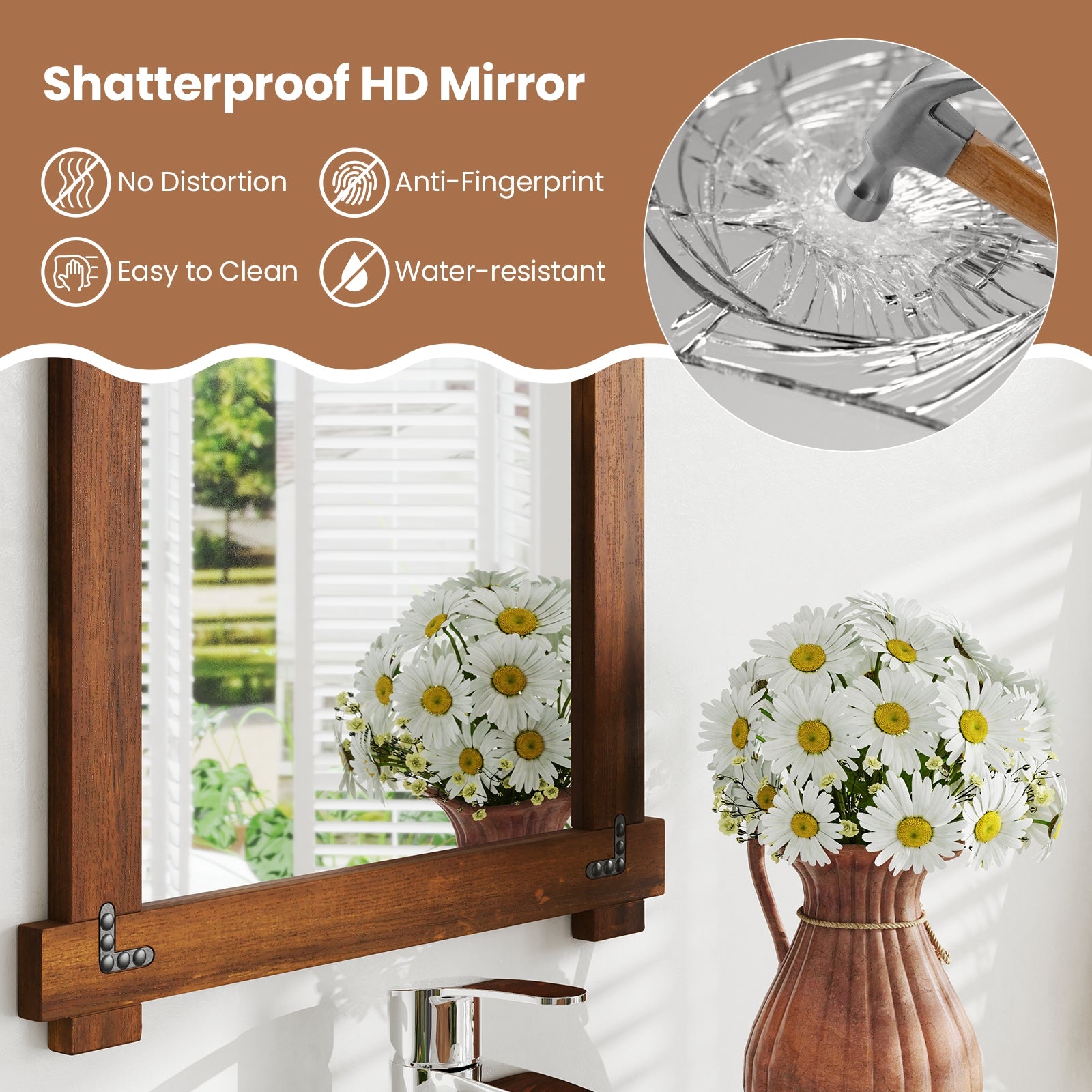 Wood Framed Mirror with Acacia Wood Frame and Vintage Rivet Design Brown-M, Brown Wall Mirrors at Gallery Canada