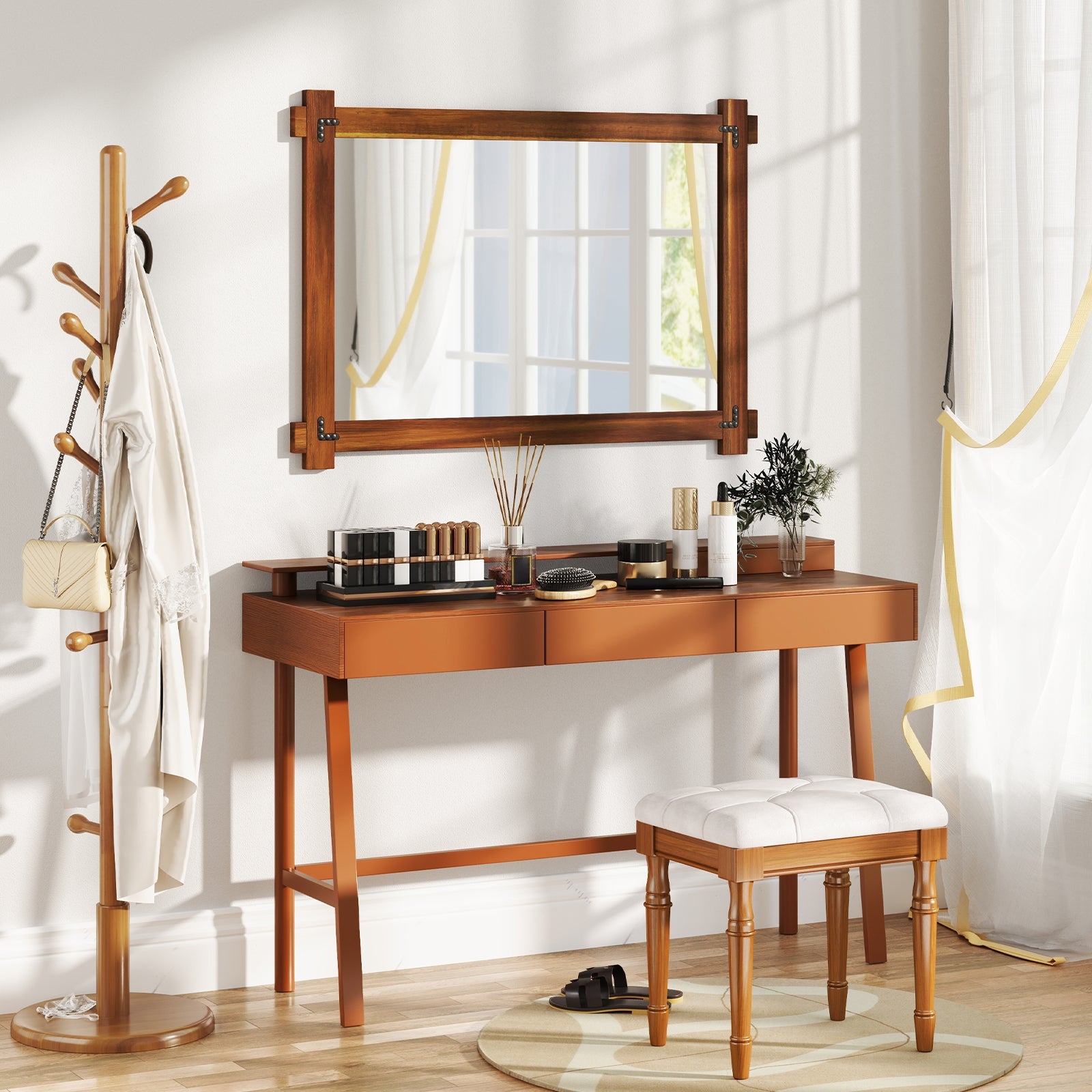Wood Framed Mirror with Acacia Wood Frame and Vintage Rivet Design Brown-L, Brown Wall Mirrors at Gallery Canada