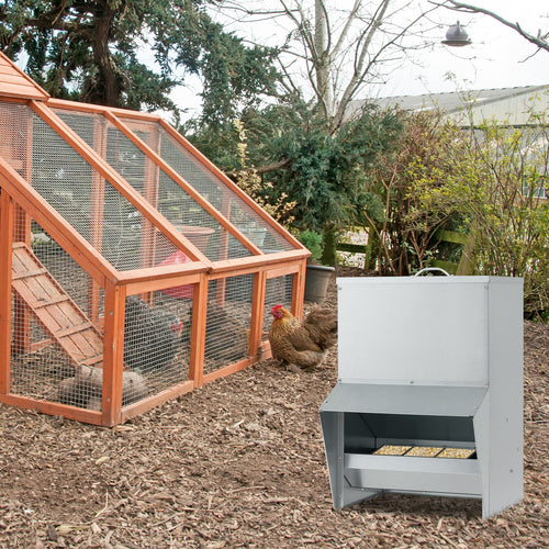 Wall Mount Galvanized Chicken Feeder 50 Pounds Capacity, Silver