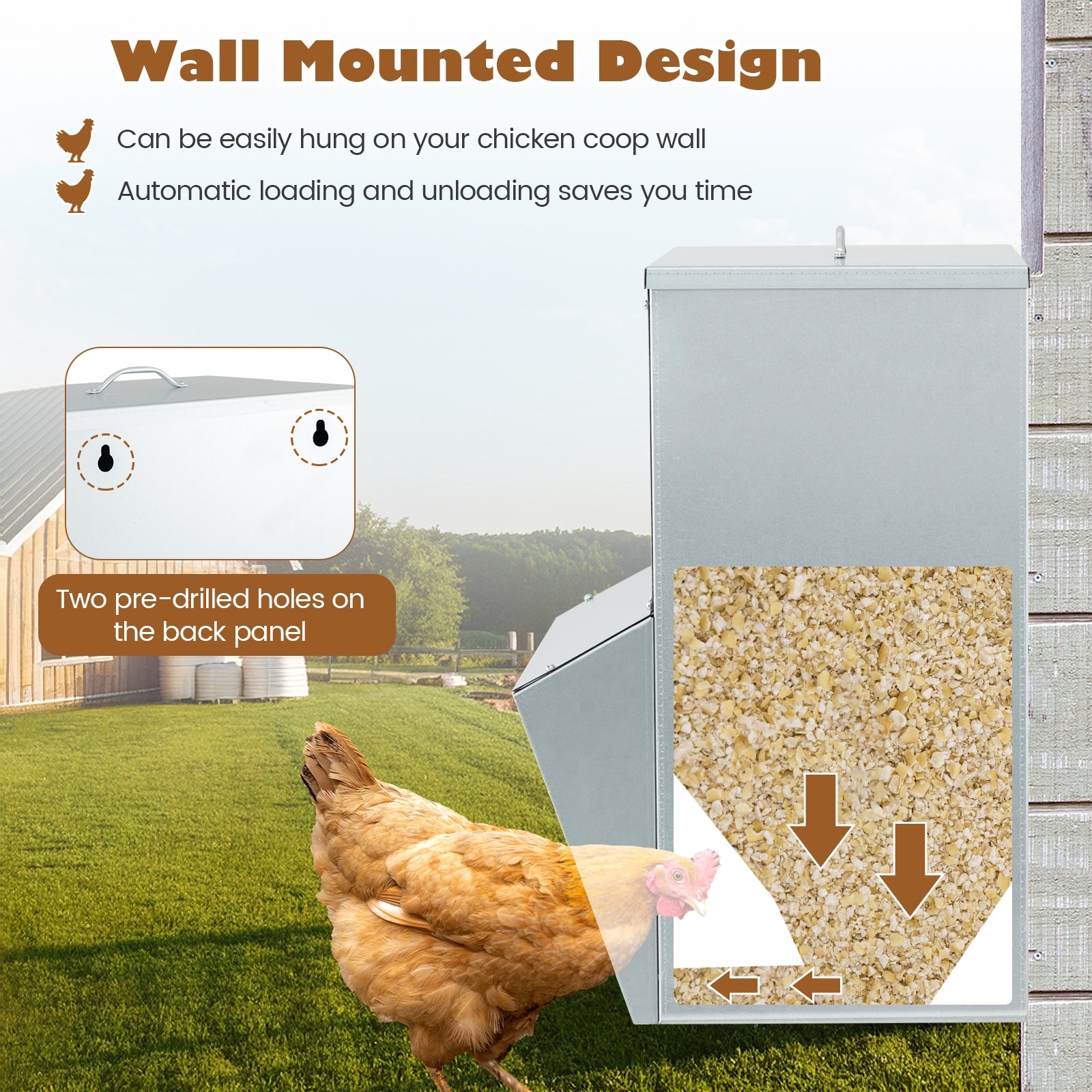 Wall Mount Galvanized Chicken Feeder 50 Pounds Capacity, Silver Chicken Coops at Gallery Canada
