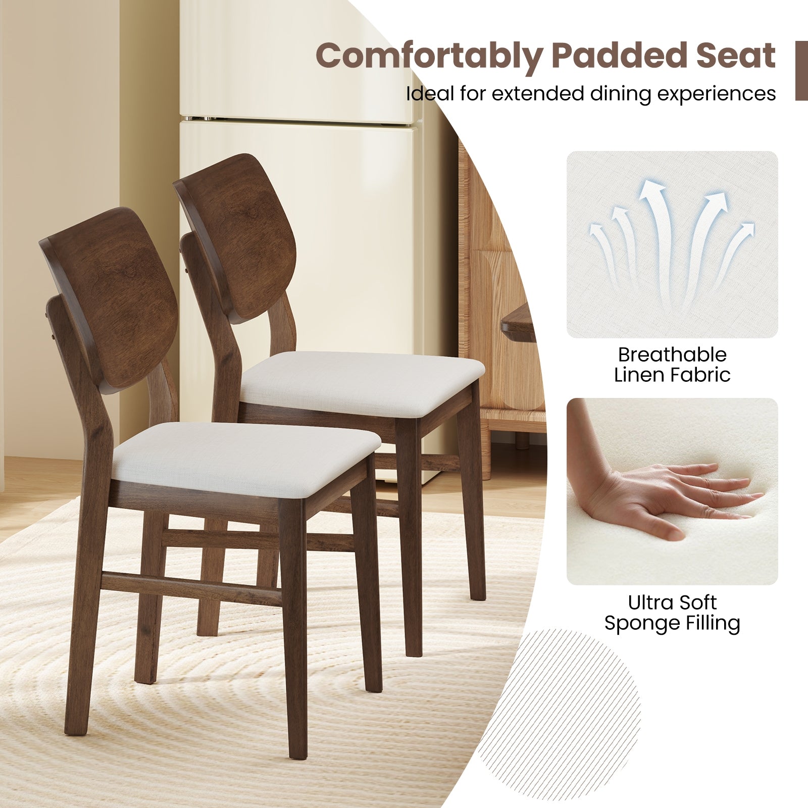 Farmhouse Upholstered Kitchen Chairs Set of 2 with Rubber Wood Frame, Walnut Dining Chairs at Gallery Canada
