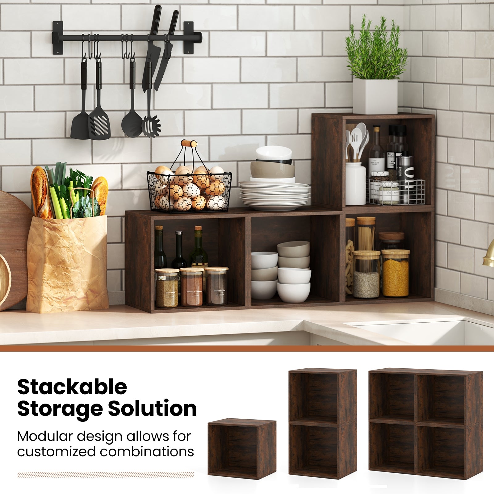 Cube Storage Organizer Stackable Open Book Shelf Wooden Display Shelving Unit, Rustic Brown Bookcases at Gallery Canada