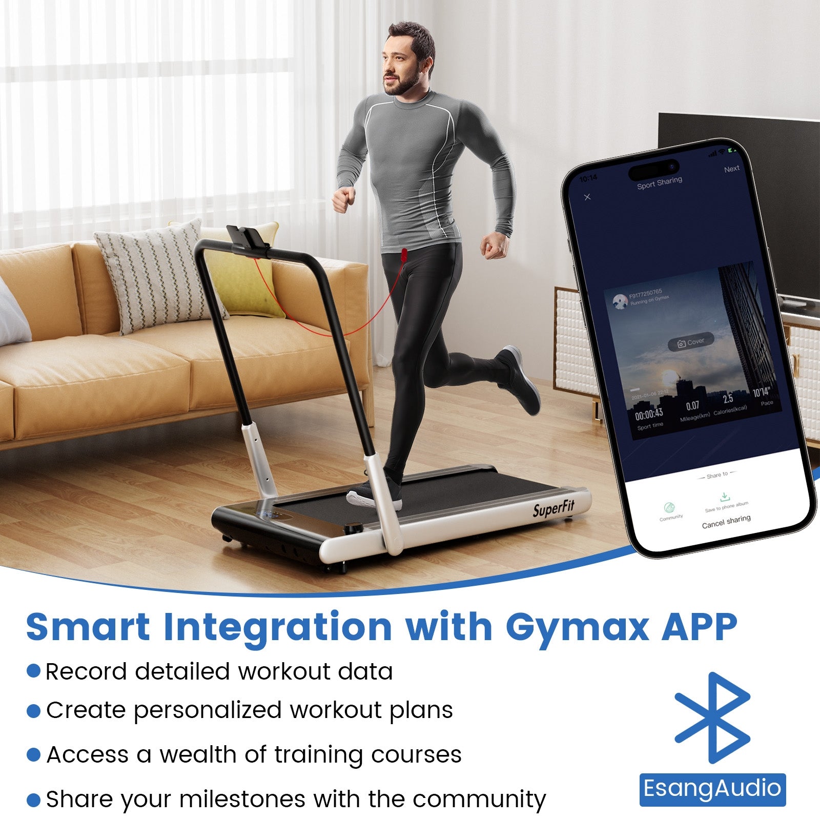 3-in-1 3HP Folding Treadmill with Smart Apps Remote Control and Speakers, Silver Treadmills at Gallery Canada