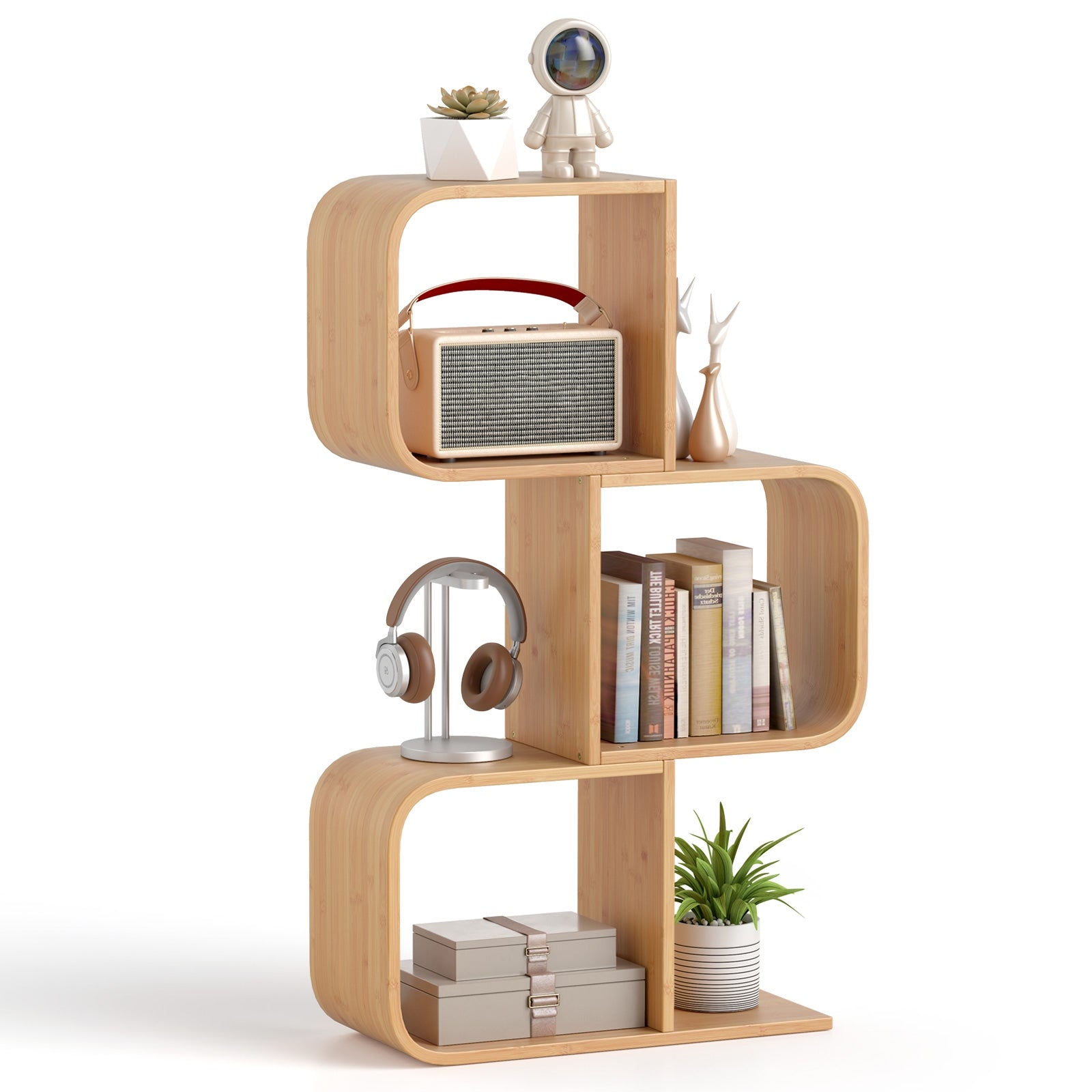 3-Tier S-Shaped Bookcase with 3 Open Cubes for Living Room, Natural Bookcases Natural at Gallery Canada