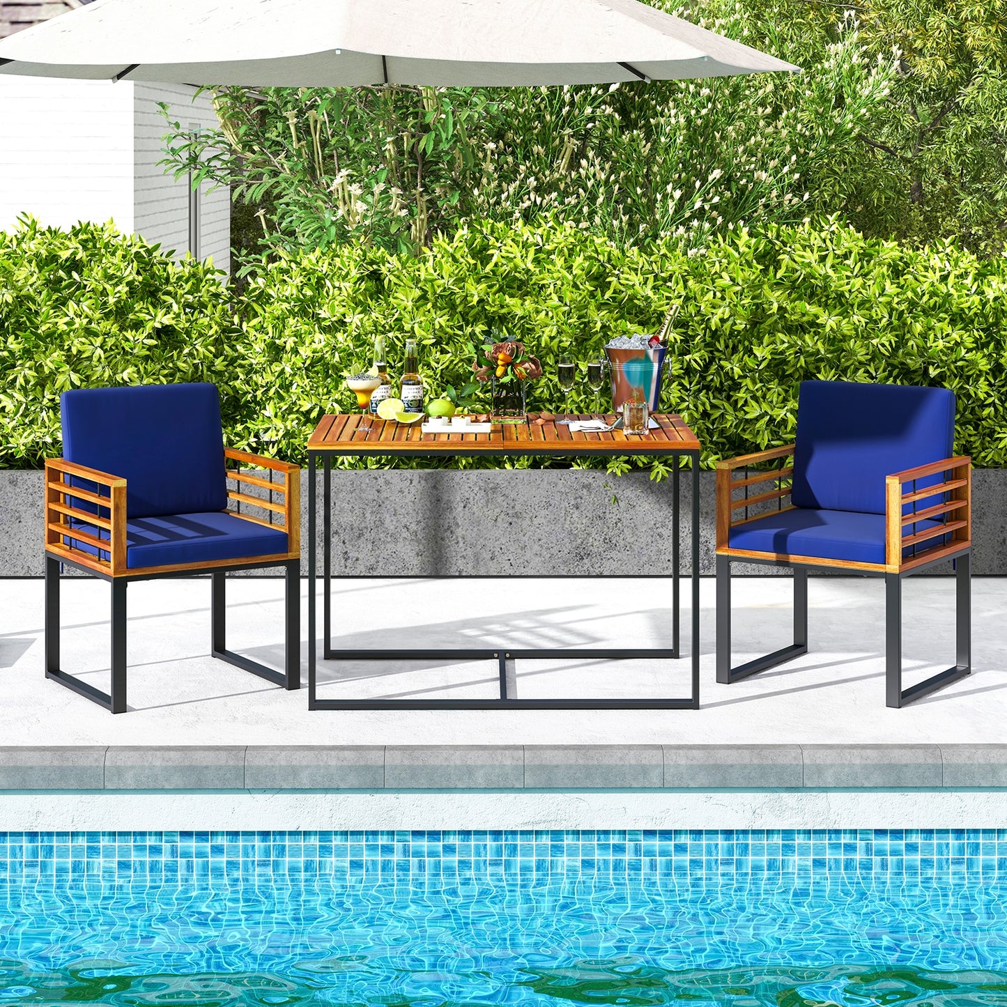 3 Pieces Outdoor Dining Set with 2 Acacia Wood Armchairs and Dining Table, Navy Patio Dining Sets   at Gallery Canada