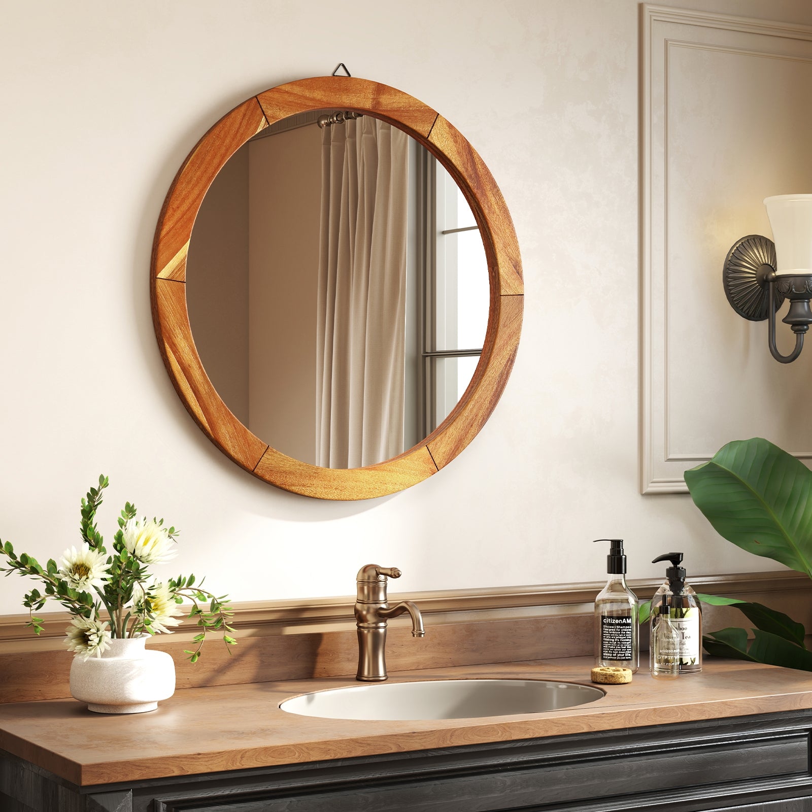 27 Inch Round Wall Mirror with Solid Acacia Wood Frame, Brown Wall Mirrors at Gallery Canada