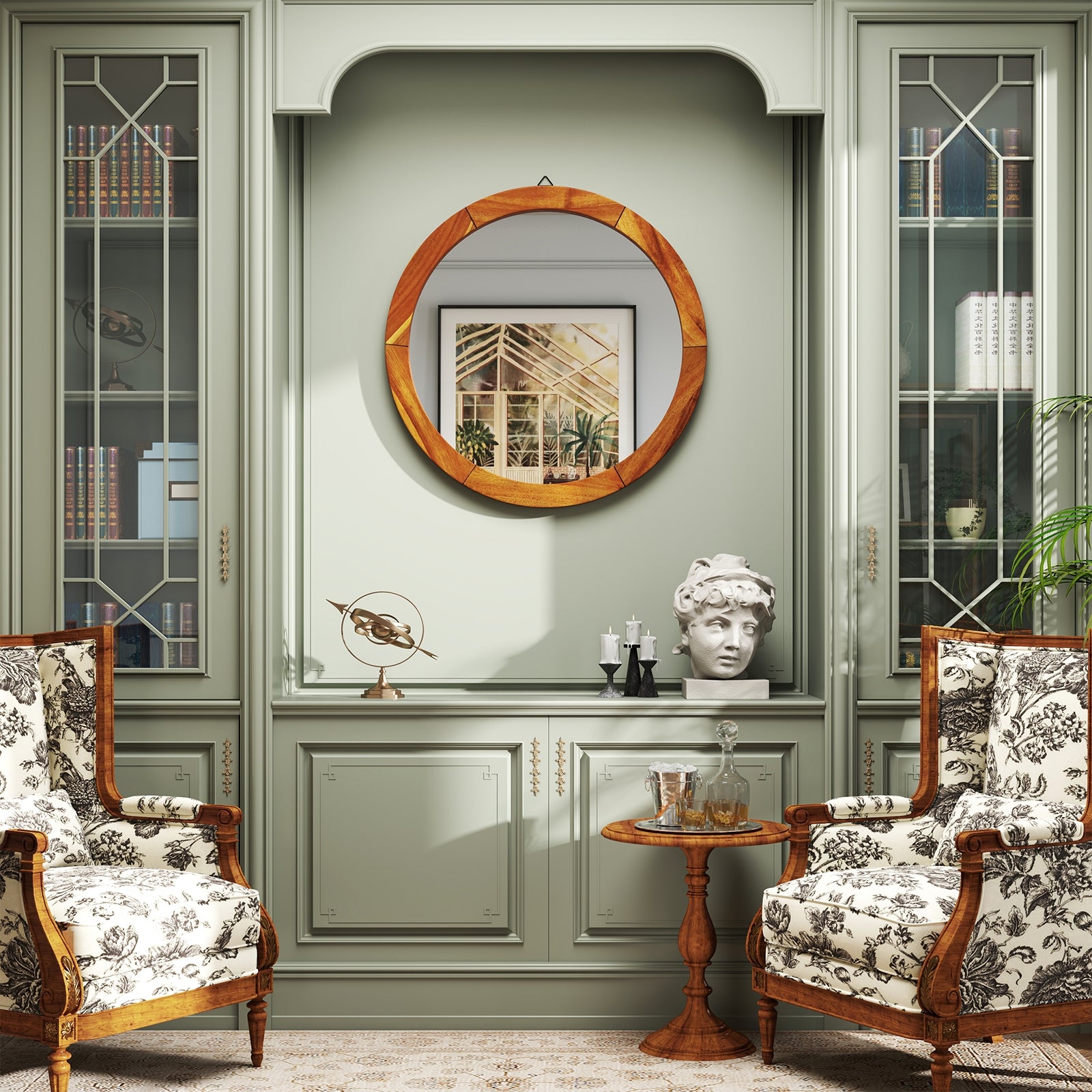 27 Inch Round Wall Mirror with Solid Acacia Wood Frame, Brown Wall Mirrors at Gallery Canada