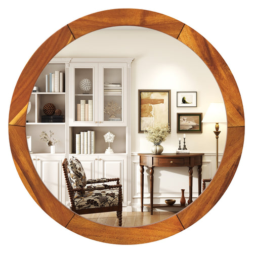 27 Inch Round Wall Mirror with Solid Acacia Wood Frame, Brown