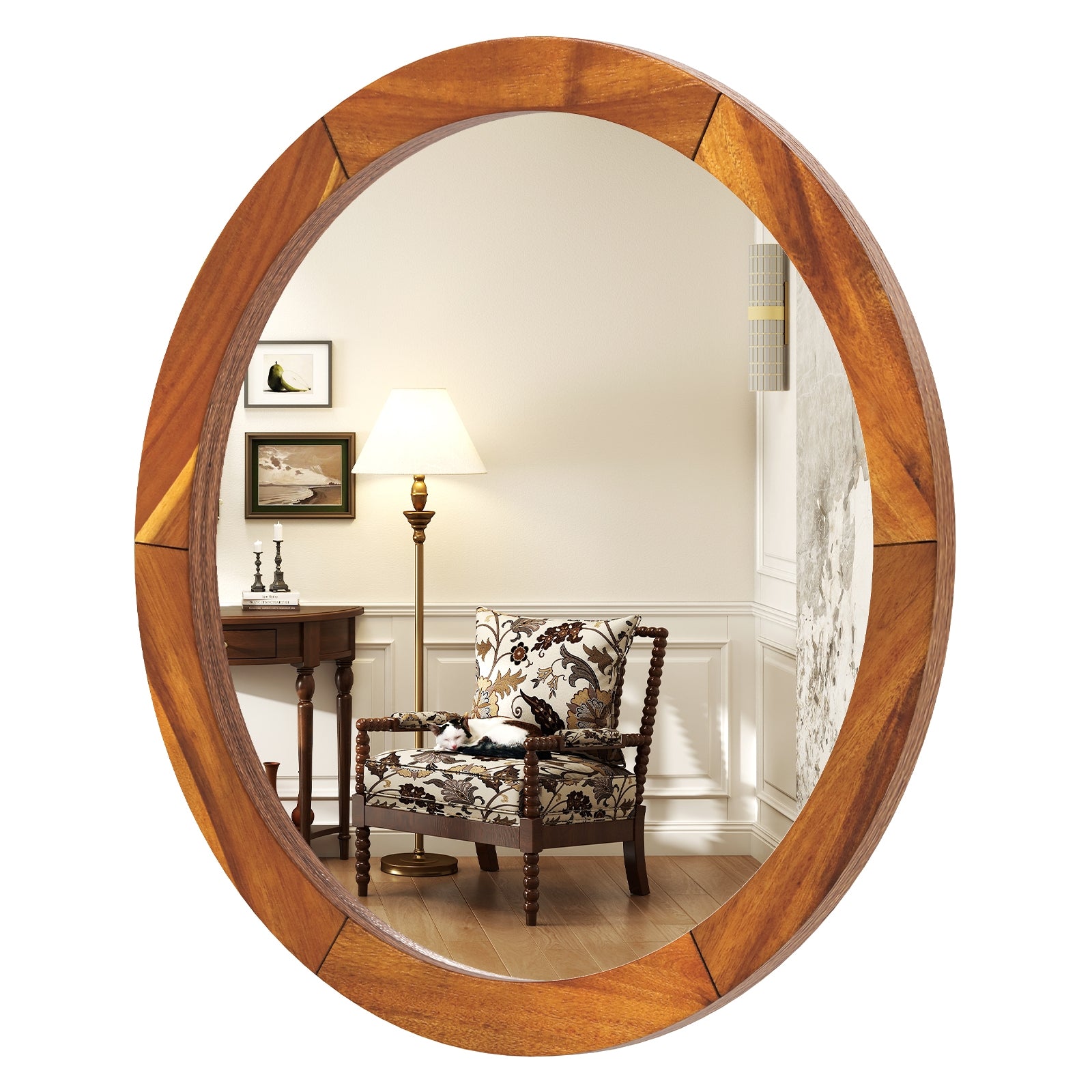 27 Inch Round Wall Mirror with Solid Acacia Wood Frame, Brown Wall Mirrors at Gallery Canada