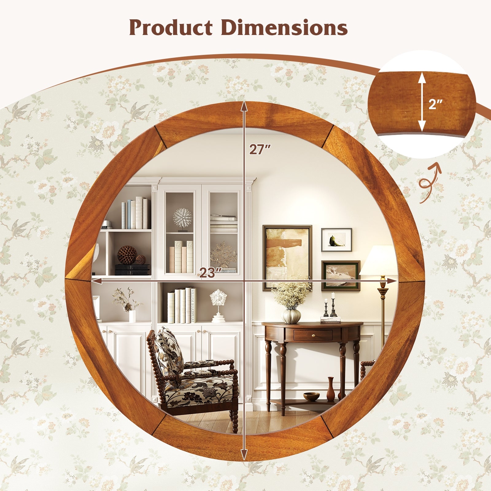 27 Inch Round Wall Mirror with Solid Acacia Wood Frame, Brown Wall Mirrors at Gallery Canada