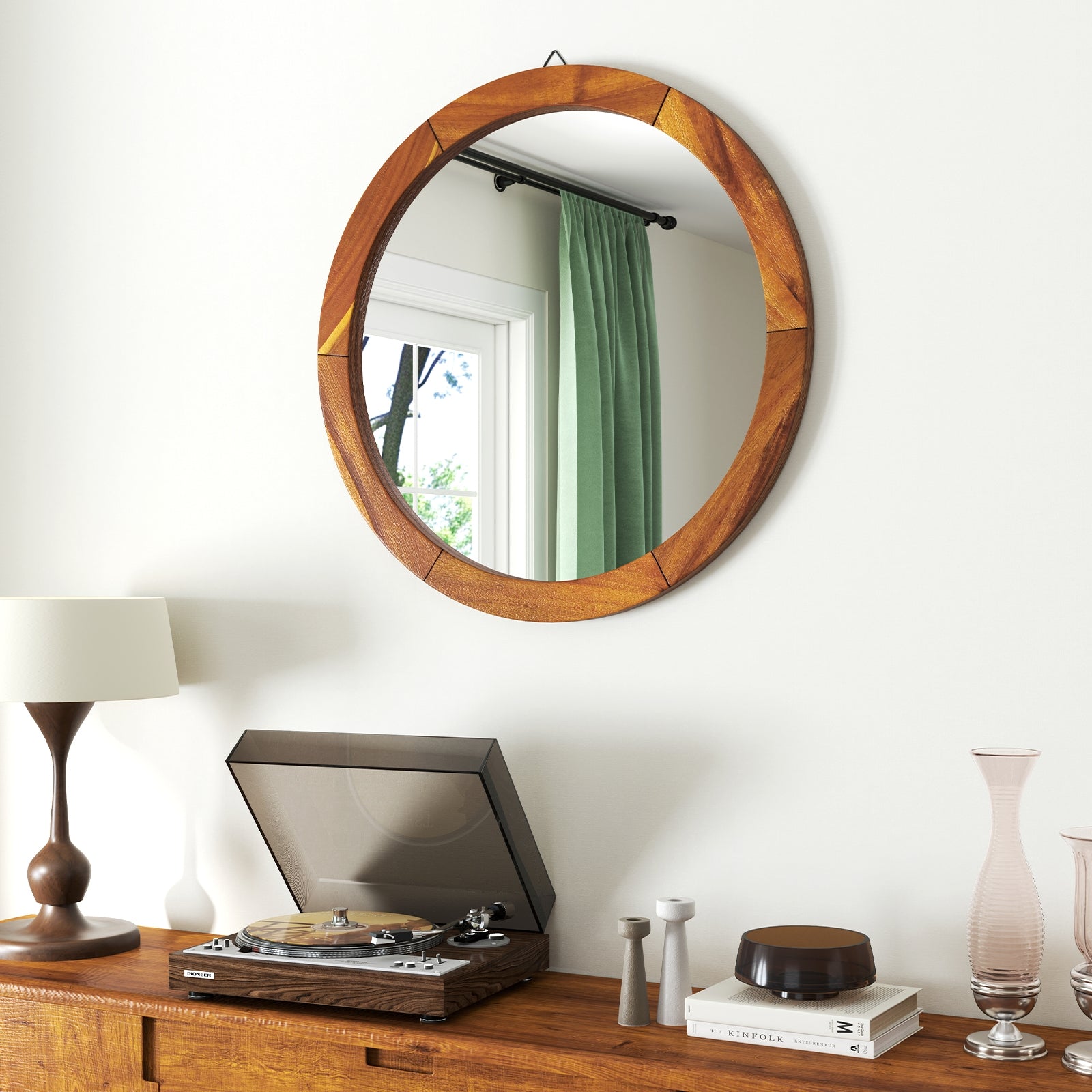 27 Inch Round Wall Mirror with Solid Acacia Wood Frame, Brown Wall Mirrors at Gallery Canada