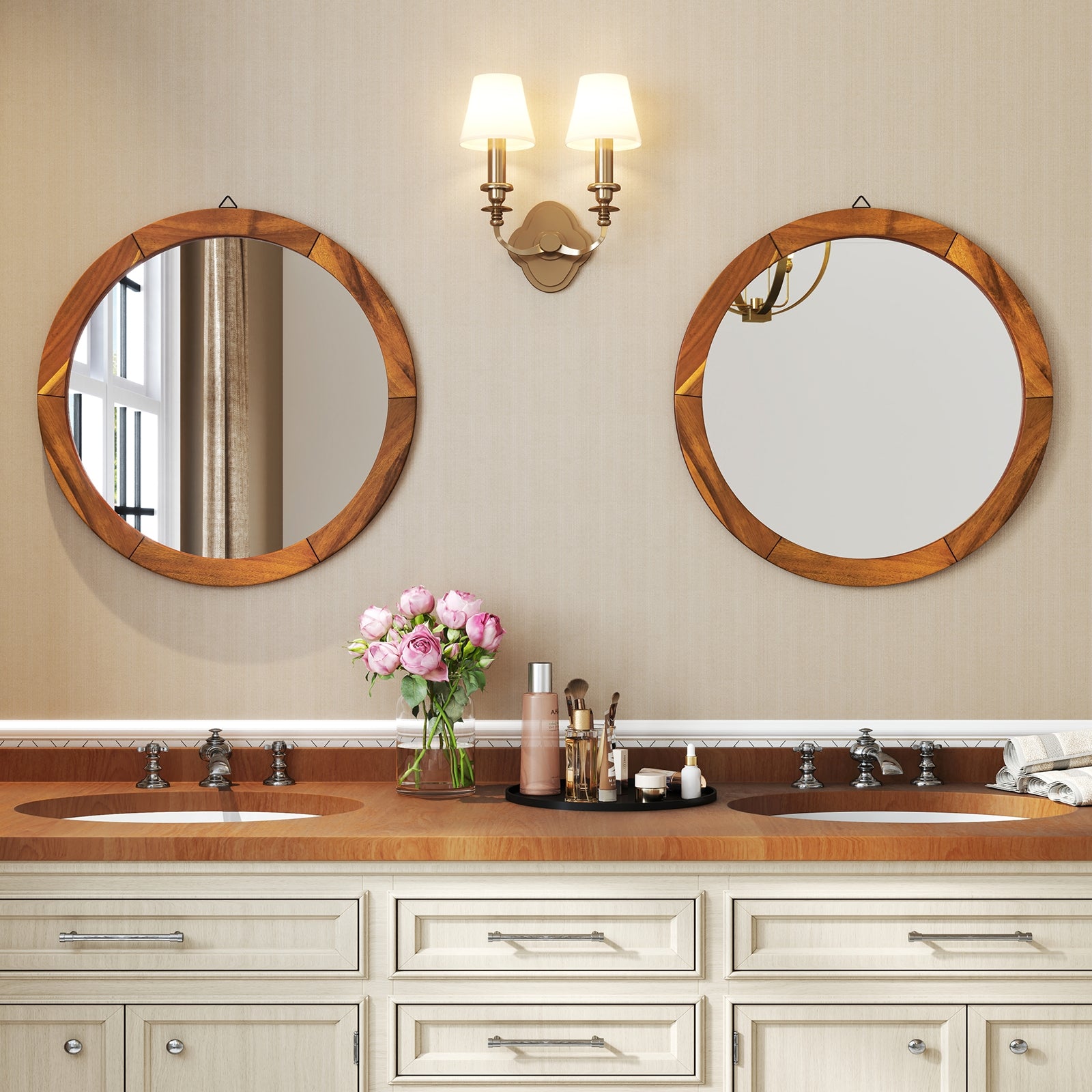 27 Inch Round Wall Mirror with Solid Acacia Wood Frame, Brown Wall Mirrors at Gallery Canada