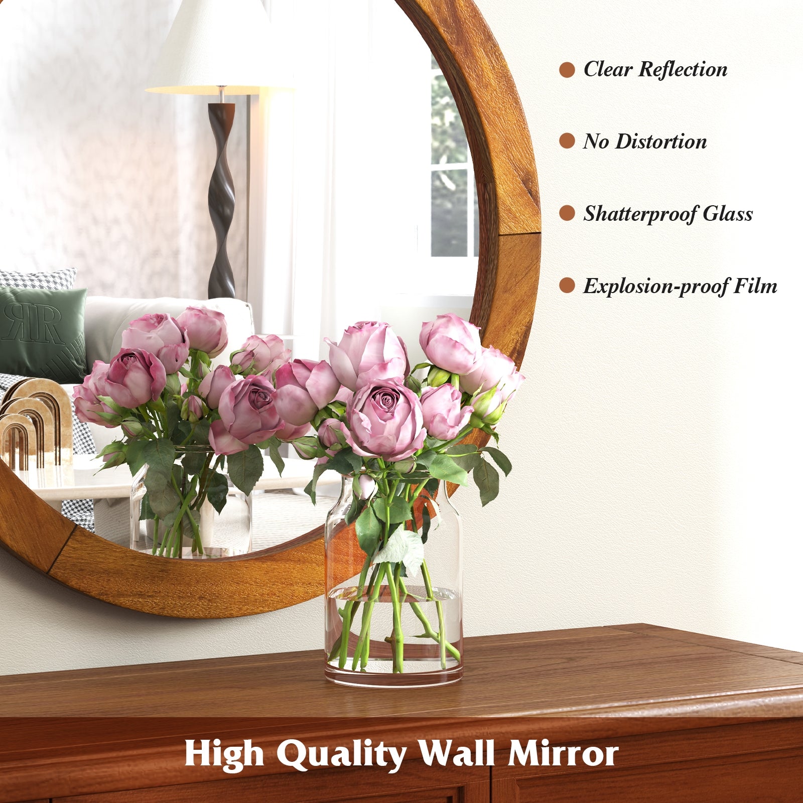 27 Inch Round Wall Mirror with Solid Acacia Wood Frame, Brown Wall Mirrors at Gallery Canada