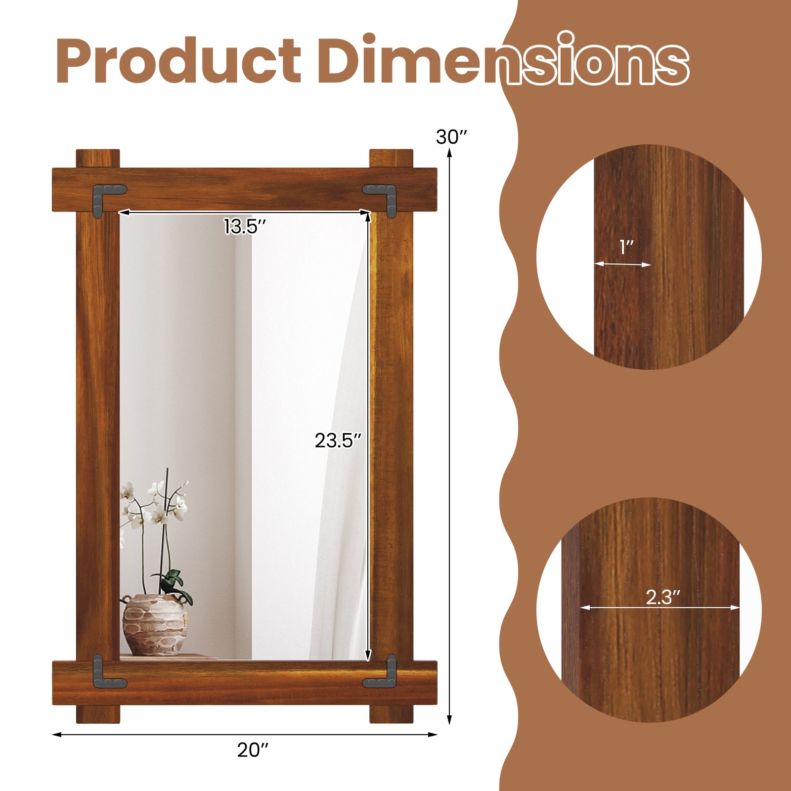 Wood Framed Mirror with Acacia Wood Frame and Vintage Rivet Design Brown-S, Brown Wall Mirrors at Gallery Canada