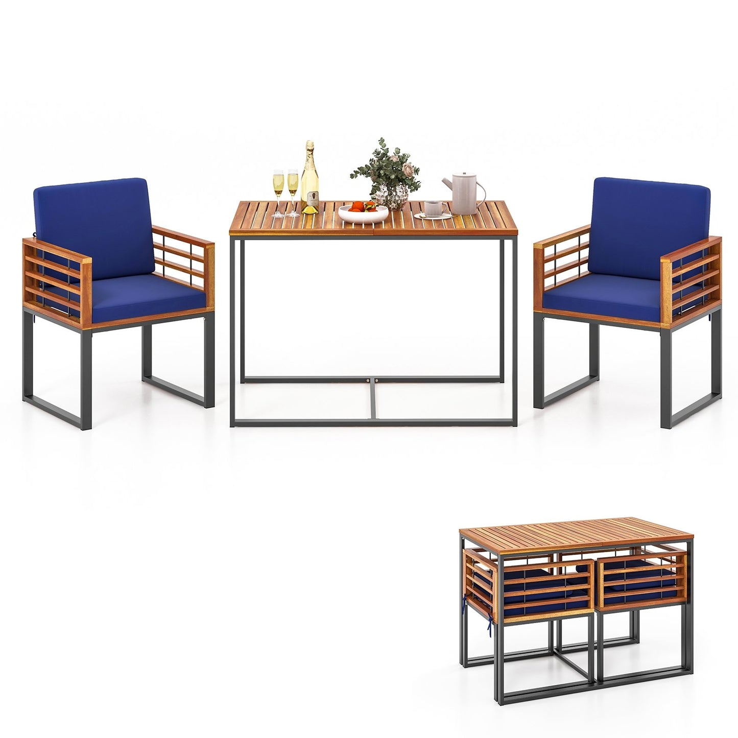 3 Pieces Outdoor Dining Set with 2 Acacia Wood Armchairs and Dining Table, Navy Patio Dining Sets Navy  at Gallery Canada