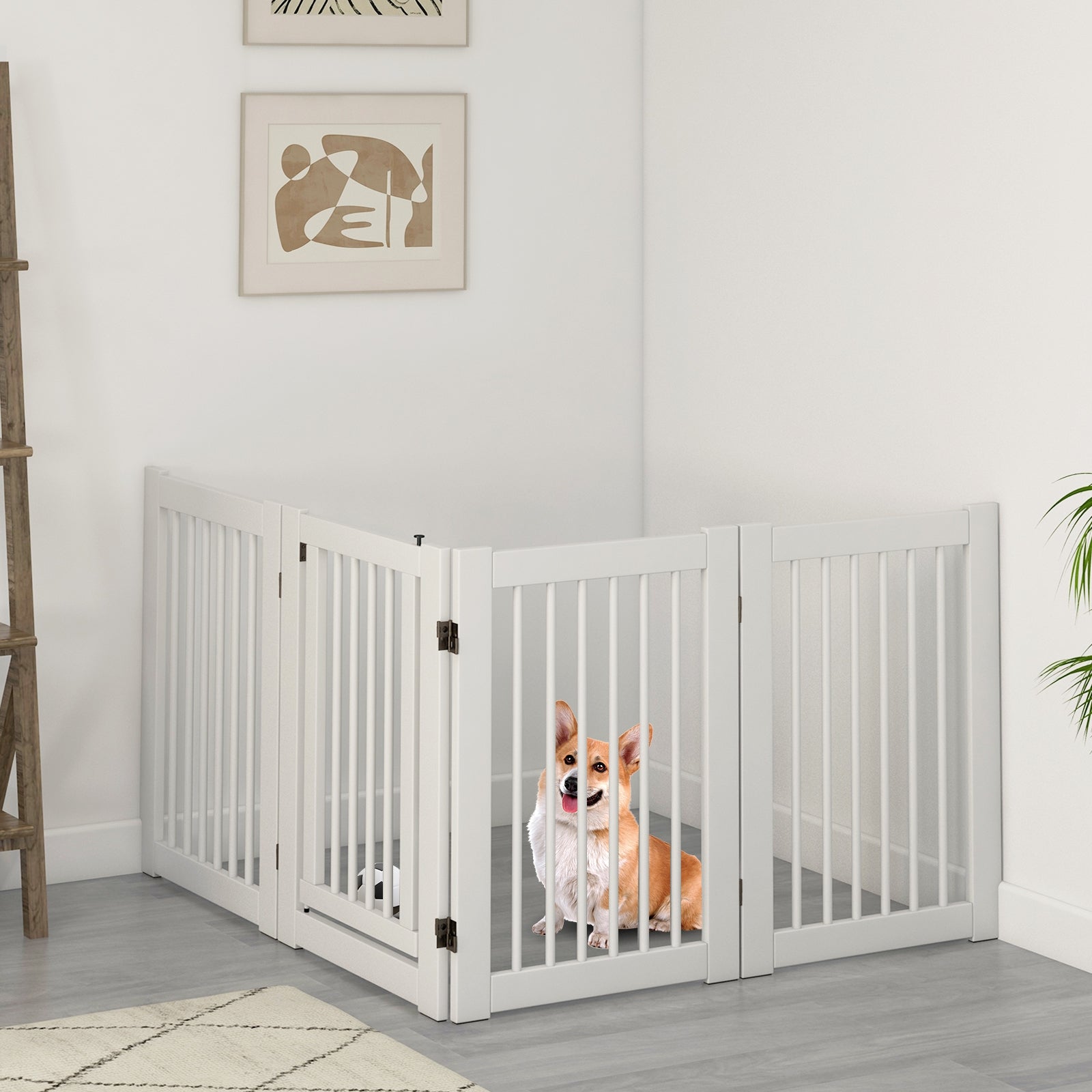 30 Inch Tall 4-Panel Freestanding Pet Gate Wooden Dog Fence, White Pet Gate   at Gallery Canada