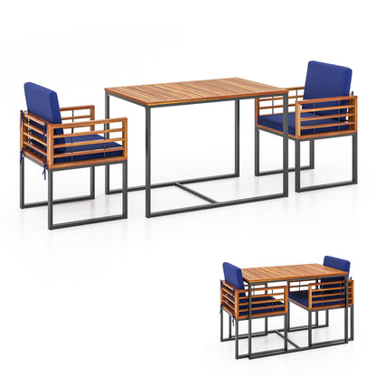 3 Pieces Outdoor Dining Set with 2 Acacia Wood Armchairs and Dining Table, Navy Patio Dining Sets   at Gallery Canada