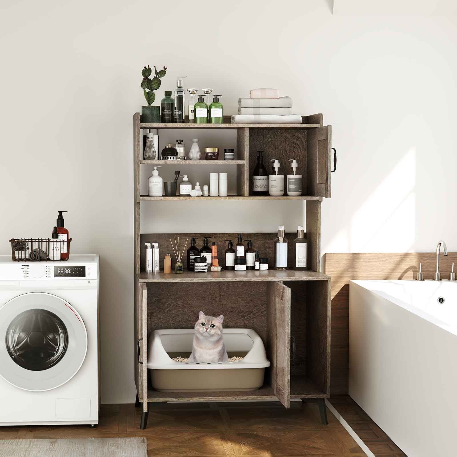 Large Cat Litter Box Enclosure with Display Storage Shelves, Oak Cat Houses at Gallery Canada