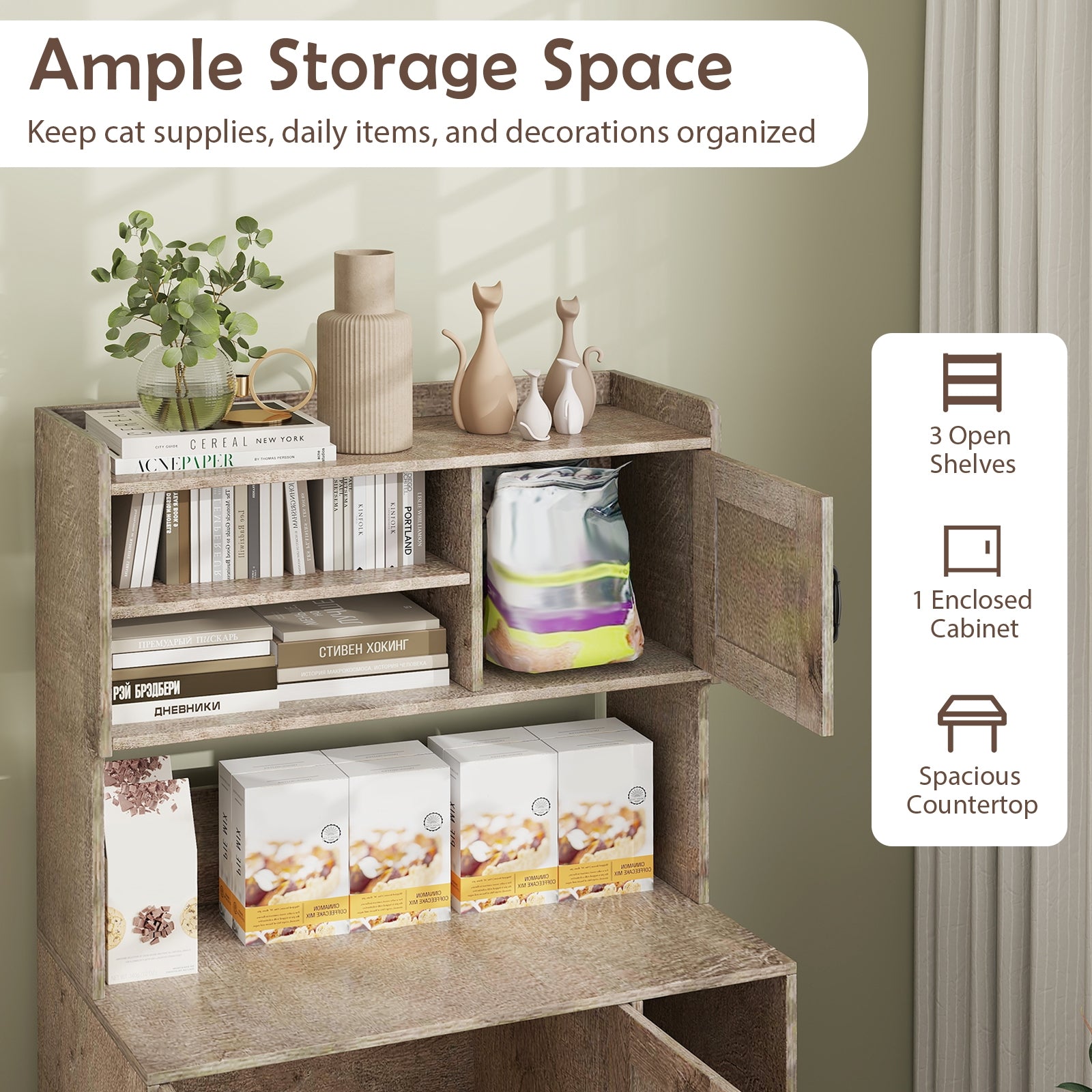 Large Cat Litter Box Enclosure with Display Storage Shelves, Oak Cat Houses at Gallery Canada