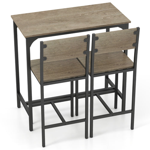 3 Piece Bar Table Set with Backrest and Footrest for Small Space, Gray