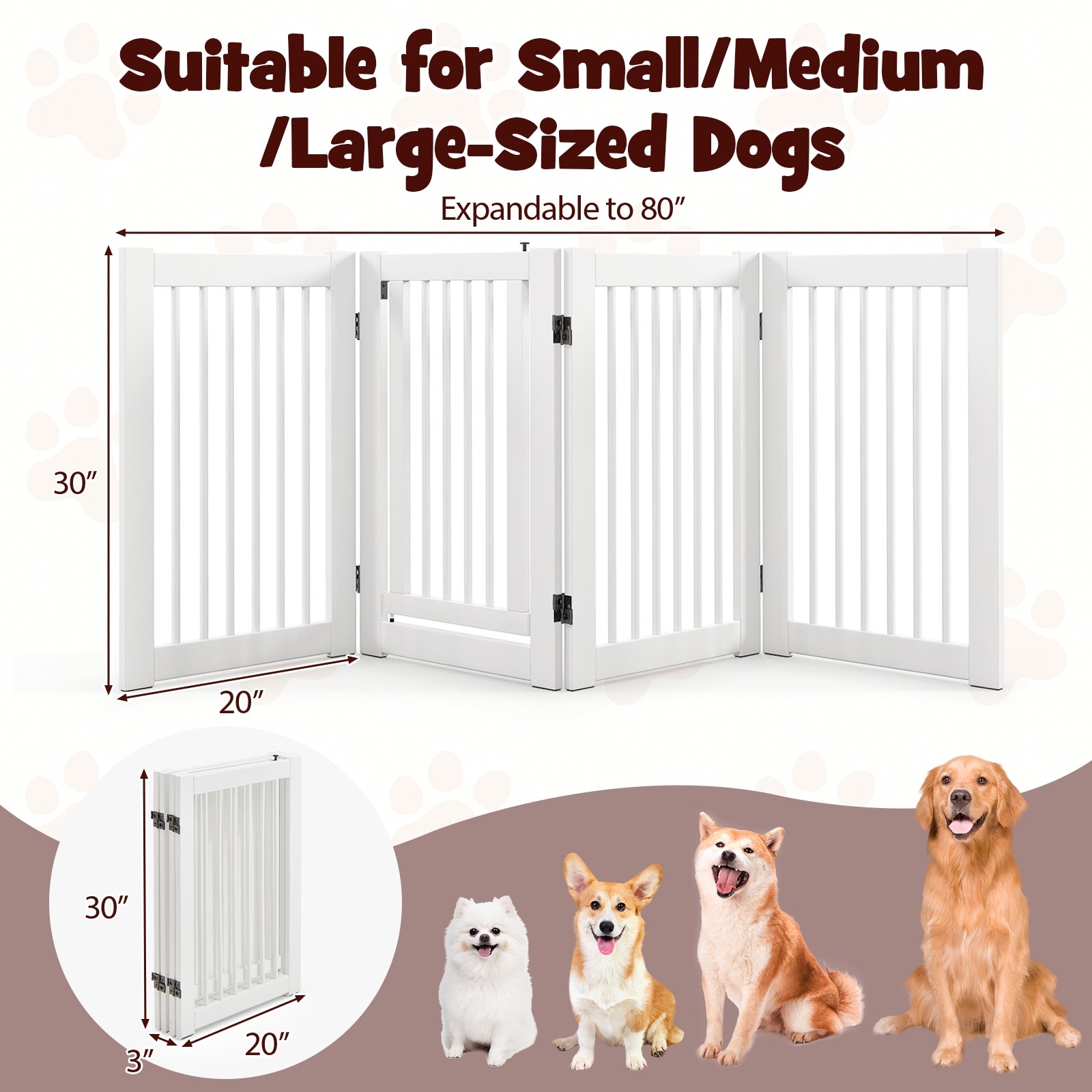 30 Inch Tall 4-Panel Freestanding Pet Gate Wooden Dog Fence, White Pet Gate   at Gallery Canada