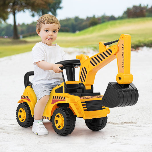 Kids Ride on Excavator with Adjustable Shovel, Yellow Push & Pedal Ride On Toys Yellow at Gallery Canada