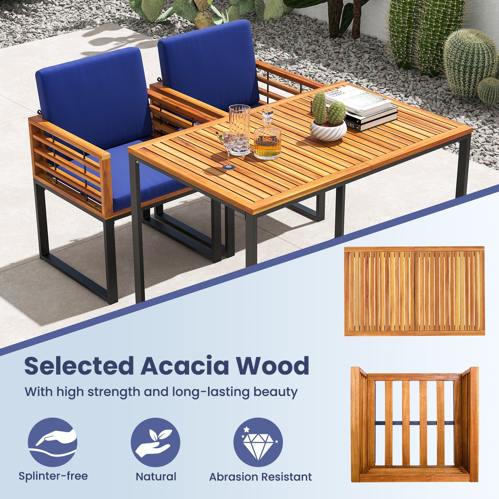 3 Pieces Outdoor Dining Set with 2 Acacia Wood Armchairs and Dining Table, Navy Patio Dining Sets   at Gallery Canada