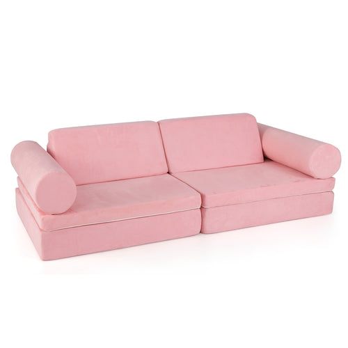 8 Pieces Kids Play Couch Foam Building Fort Play Set with Suede Cover, Pink