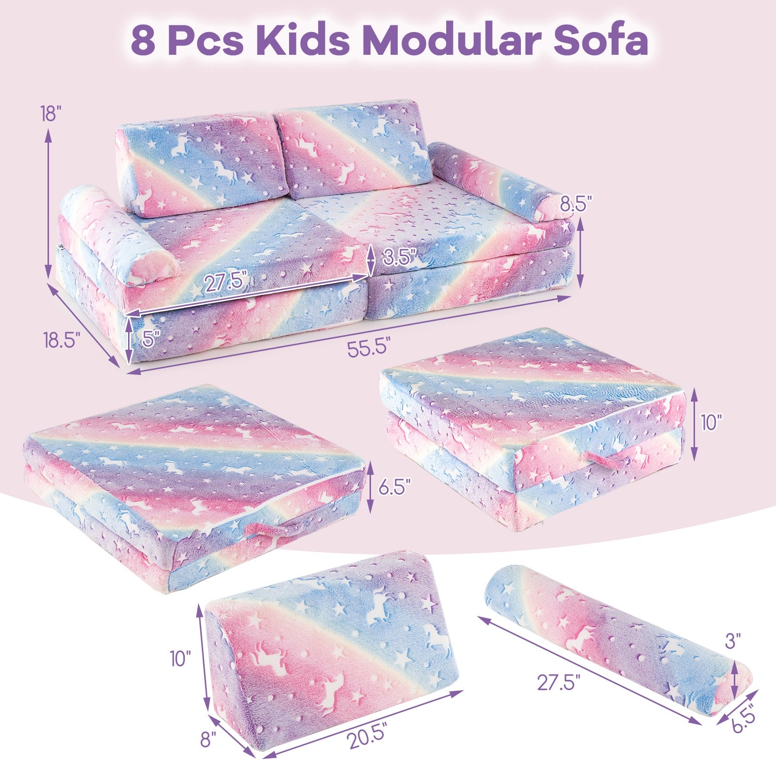 8 Pieces Modular Kids Play Couch Glow in the Dark Toddler Sectional Sofa, Multicolor Kids Chairs & Seating at Gallery Canada