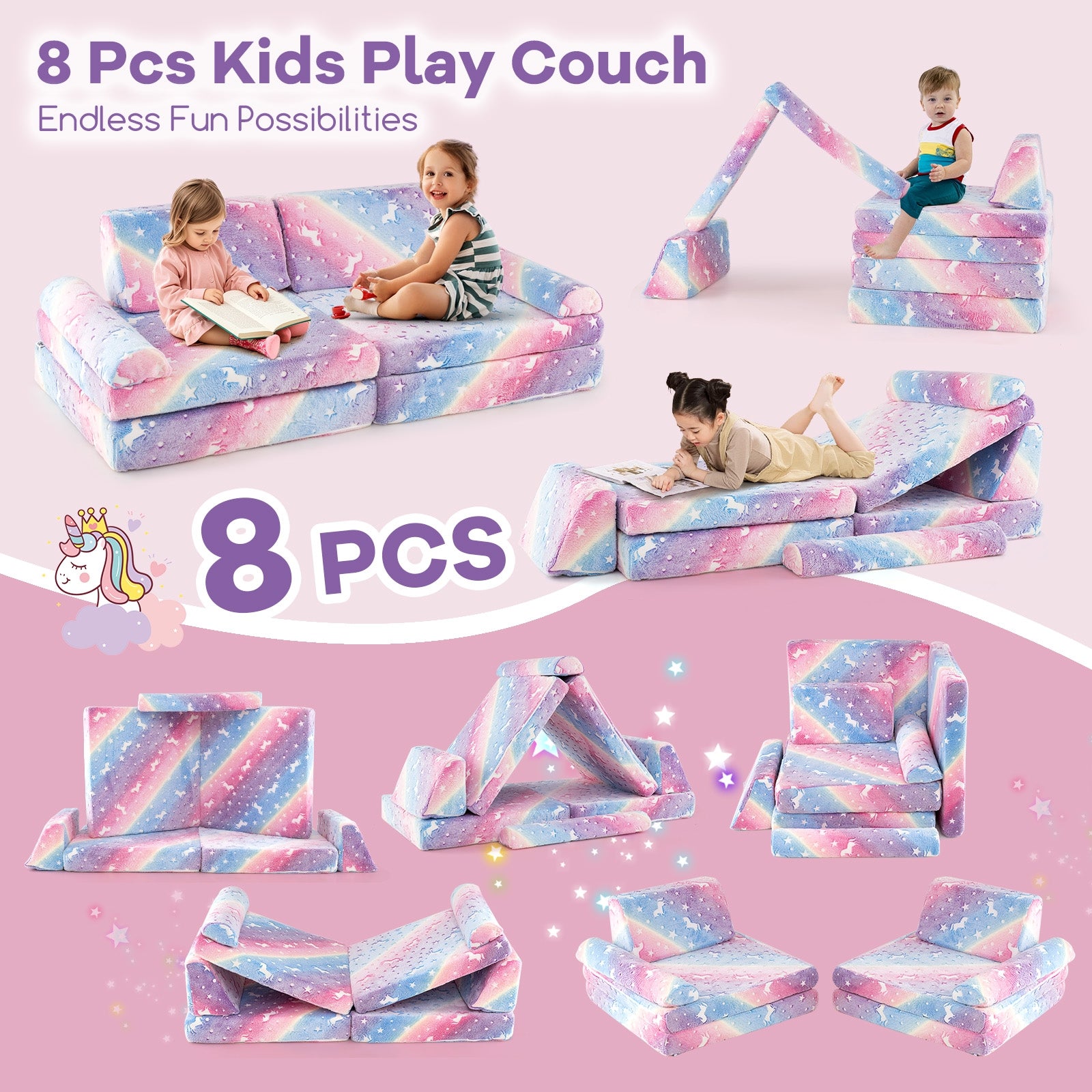 8 Pieces Modular Kids Play Couch Glow in the Dark Toddler Sectional Sofa, Multicolor Kids Chairs & Seating at Gallery Canada