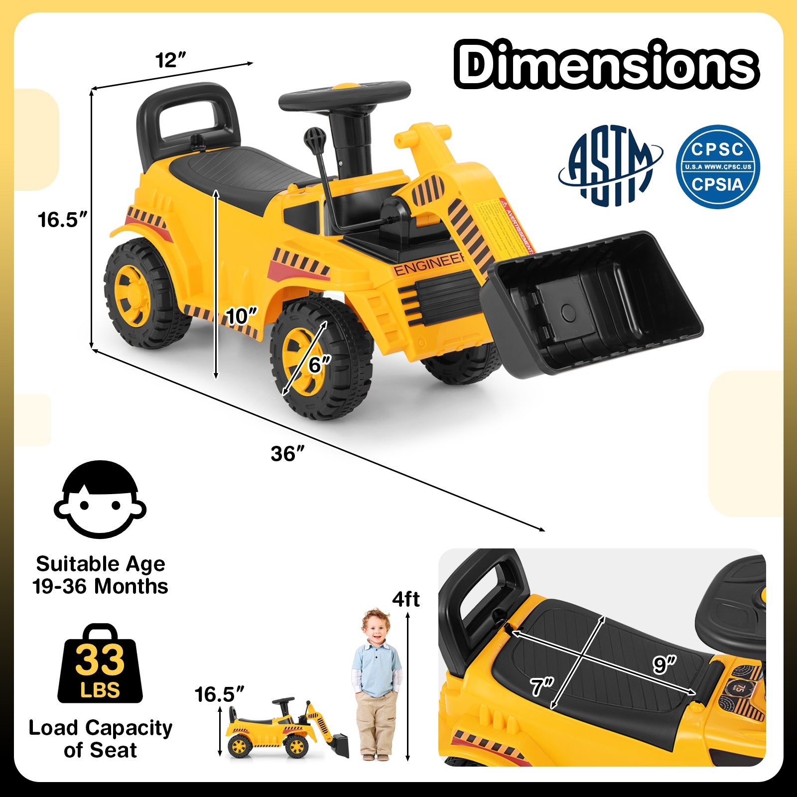 Excavator Digger Toy with Adjustable Bucket, Yellow Push & Pedal Ride On Toys at Gallery Canada