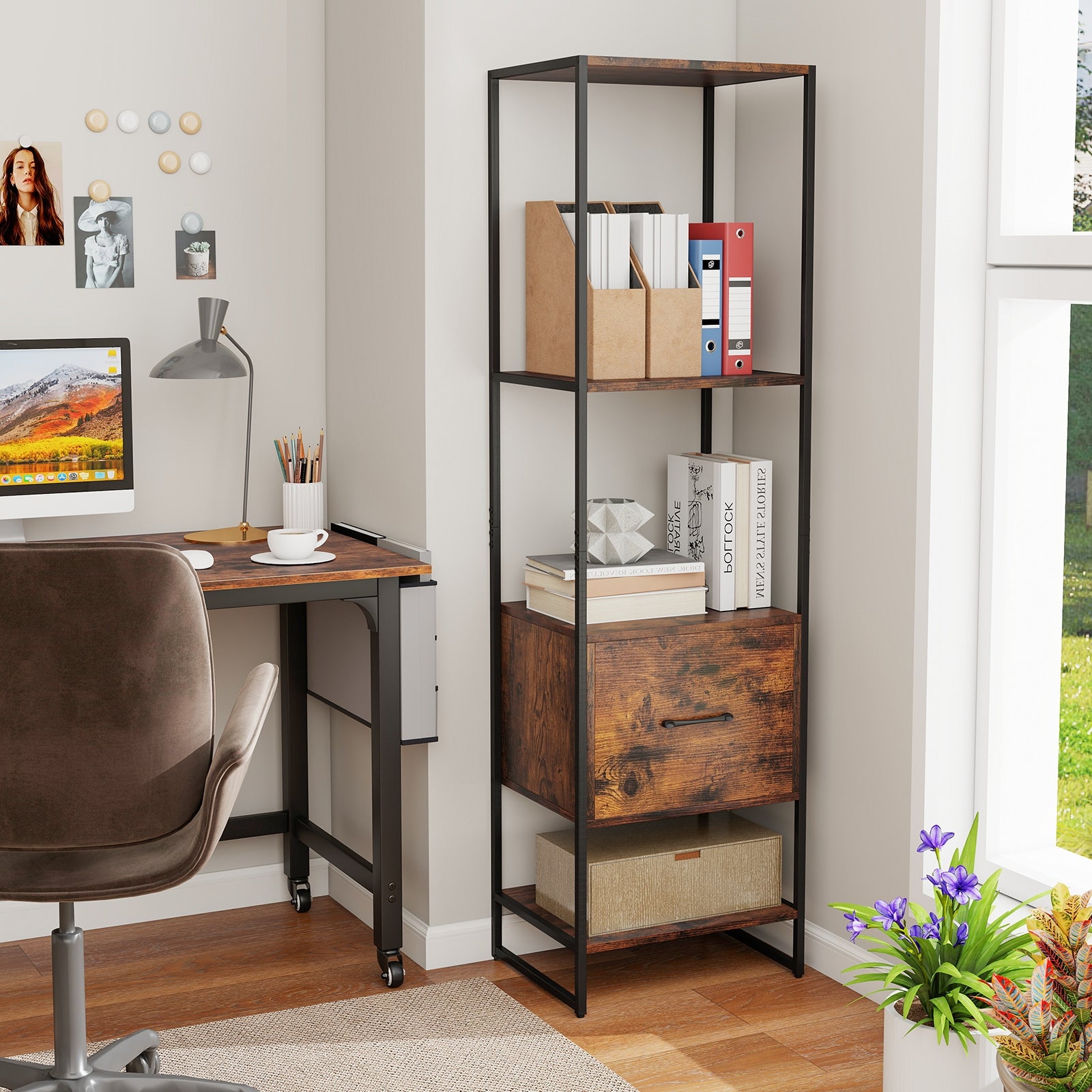5-Tier Narrow Bookcase with 4 Open Shelves and Storage Drawer, Rustic Brown Bookcases at Gallery Canada