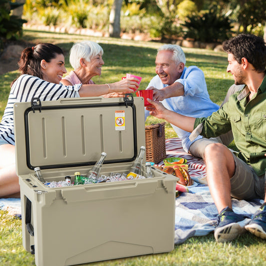 50 QT Rotomolded Cooler Insulated Portable Ice Chest with Integrated Cup Holders, Tan Coolers Tan  at Gallery Canada