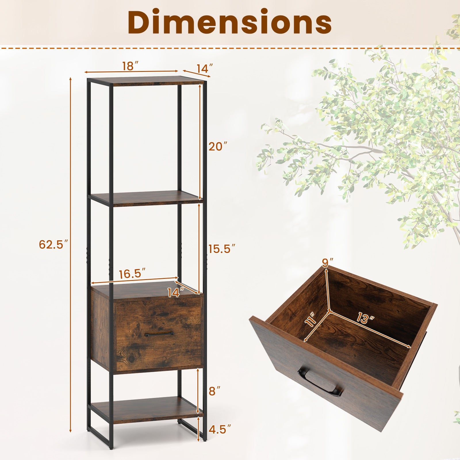 5-Tier Narrow Bookcase with 4 Open Shelves and Storage Drawer, Rustic Brown Bookcases at Gallery Canada