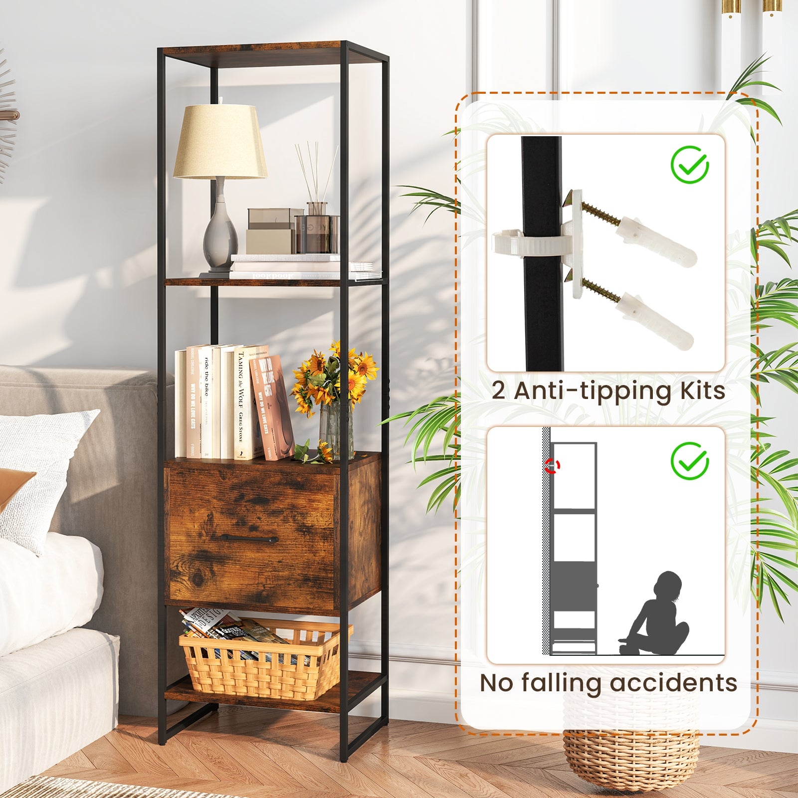 5-Tier Narrow Bookcase with 4 Open Shelves and Storage Drawer, Rustic Brown Bookcases at Gallery Canada