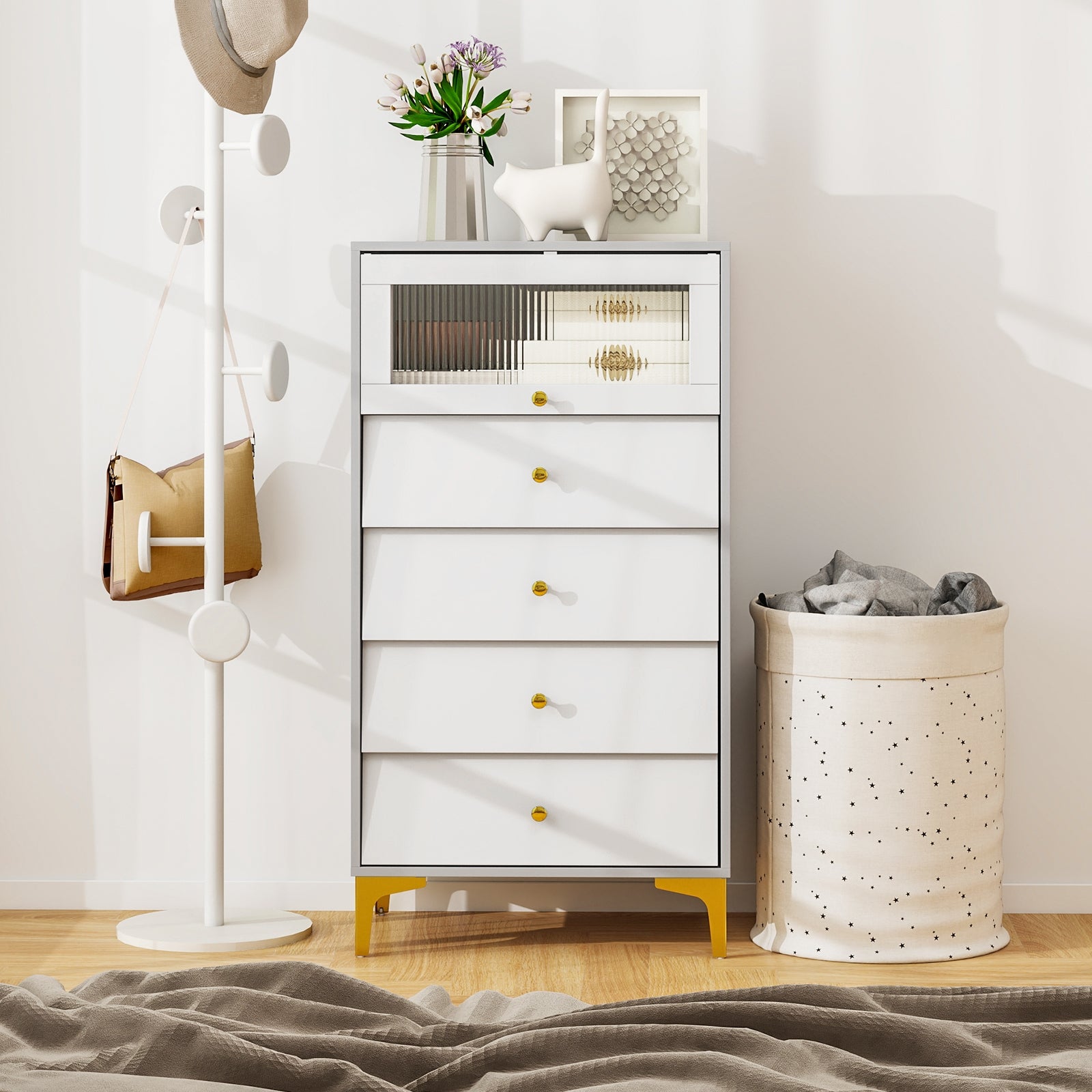 4 Drawer Modern Storage Cabinet with Flip Up Fluted Glass Door-Gray and White, Gray & White Cabinets & Chests at Gallery Canada