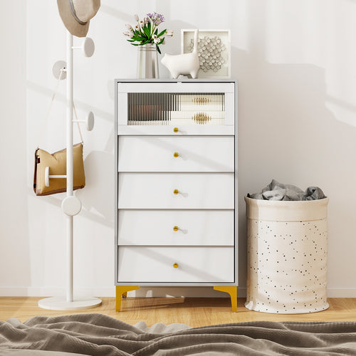 4 Drawer Modern Storage Cabinet with Flip Up Fluted Glass Door-Gray and White, Gray & White