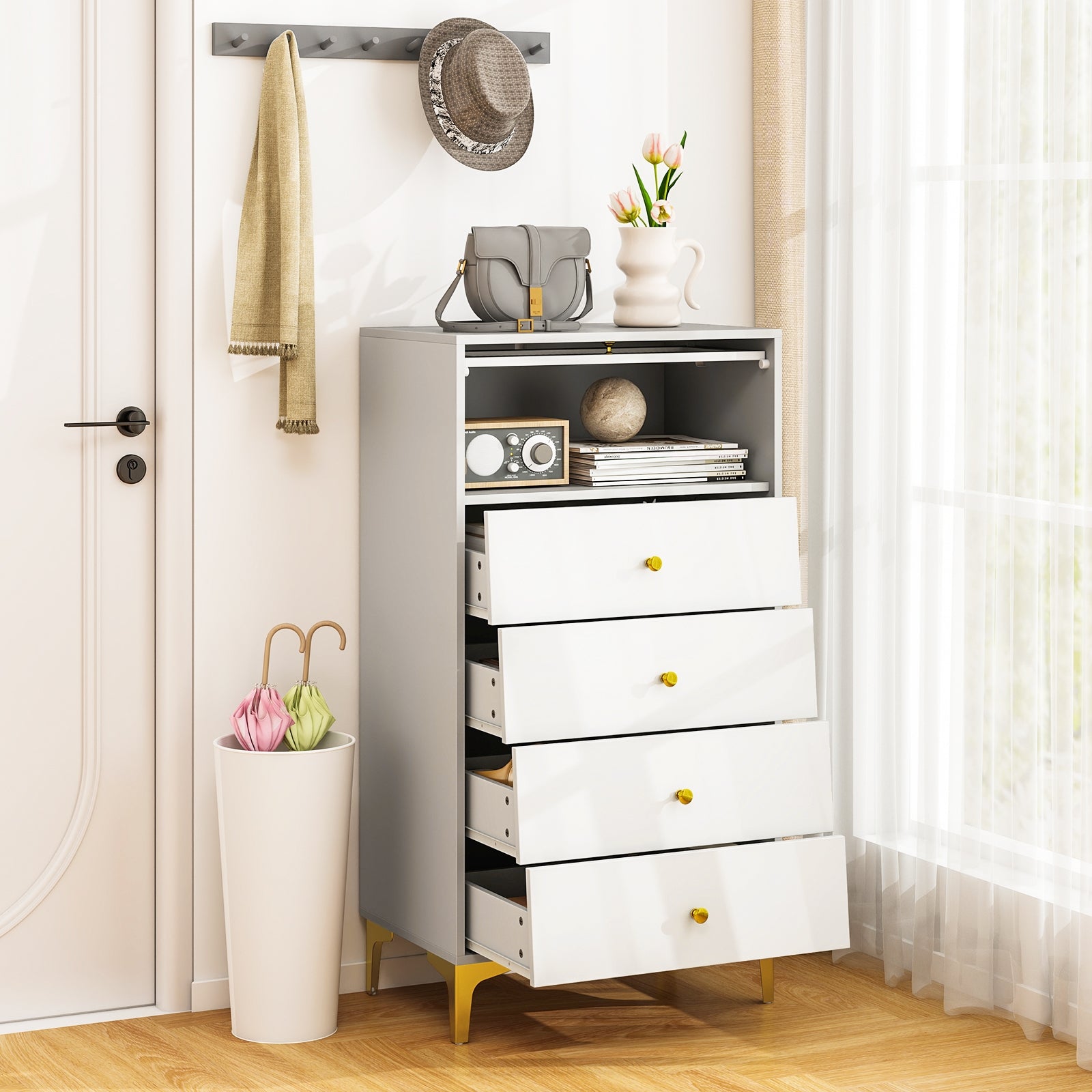 4 Drawer Modern Storage Cabinet with Flip Up Fluted Glass Door-Gray and White, Gray & White Cabinets & Chests at Gallery Canada