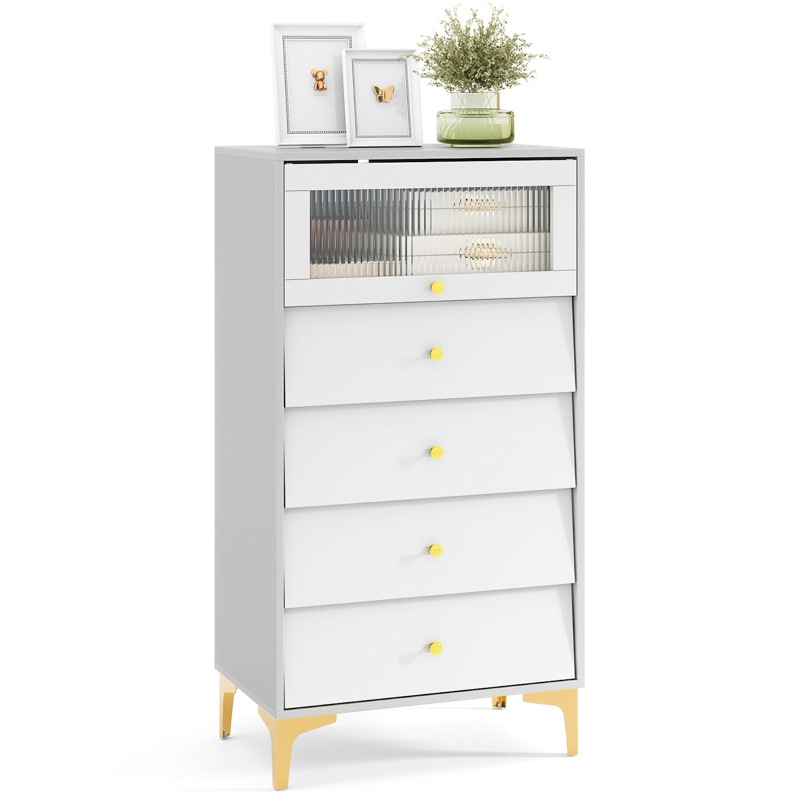 4 Drawer Modern Storage Cabinet with Flip Up Fluted Glass Door-Gray and White, Gray & White Cabinets & Chests Gray & White at Gallery Canada