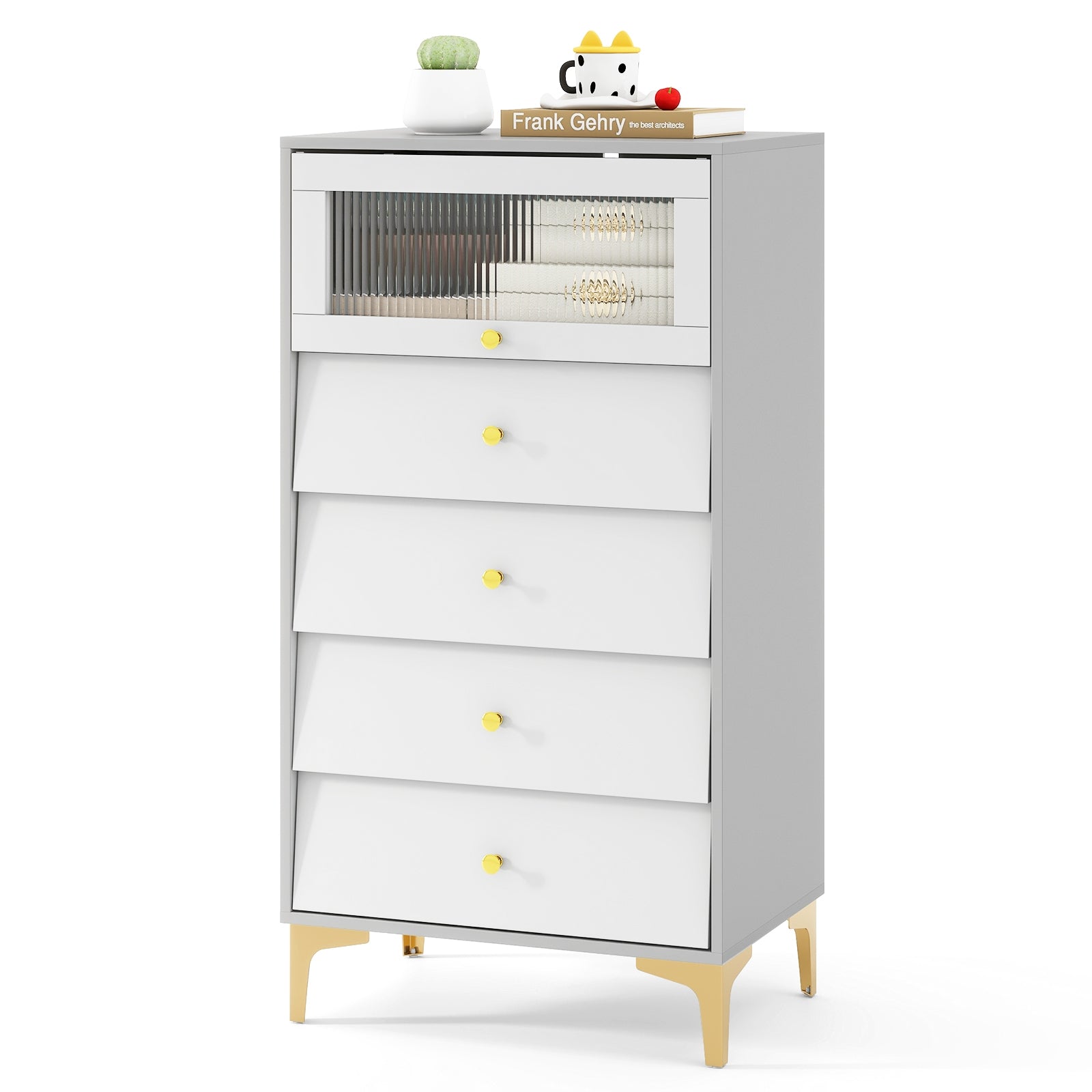 4 Drawer Modern Storage Cabinet with Flip Up Fluted Glass Door-Gray and White, Gray & White Cabinets & Chests at Gallery Canada
