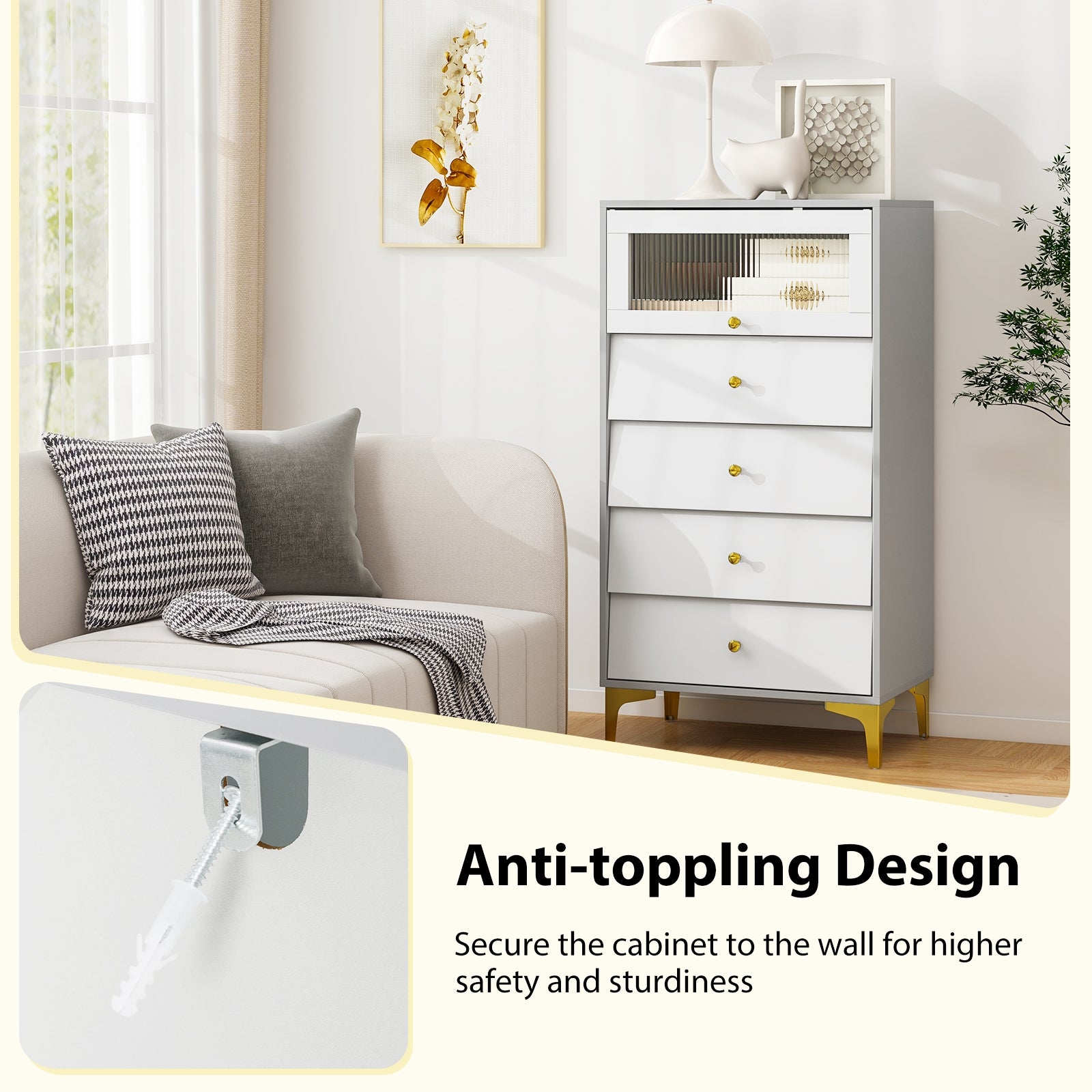 4 Drawer Modern Storage Cabinet with Flip Up Fluted Glass Door-Gray and White, Gray & White Cabinets & Chests at Gallery Canada