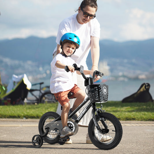 12 Inch Kids Bike with Basket and Training Wheels for Children Aged 3-5 Years Old, Black Kids Bike Black at Gallery Canada