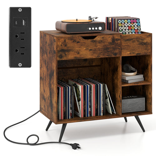 Record Player Stand with Power Outlet, Rustic Brown