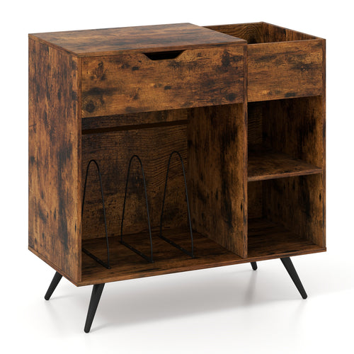 Record Player Stand with Power Outlet, Rustic Brown