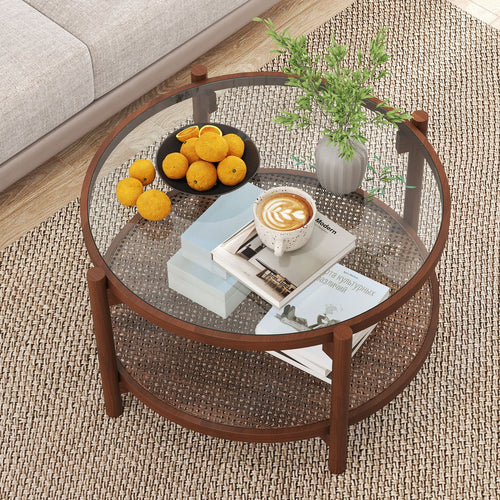 31 Inch 2-Tier Round Coffee Table with Tempered Glass Top for Living Room, Cherry