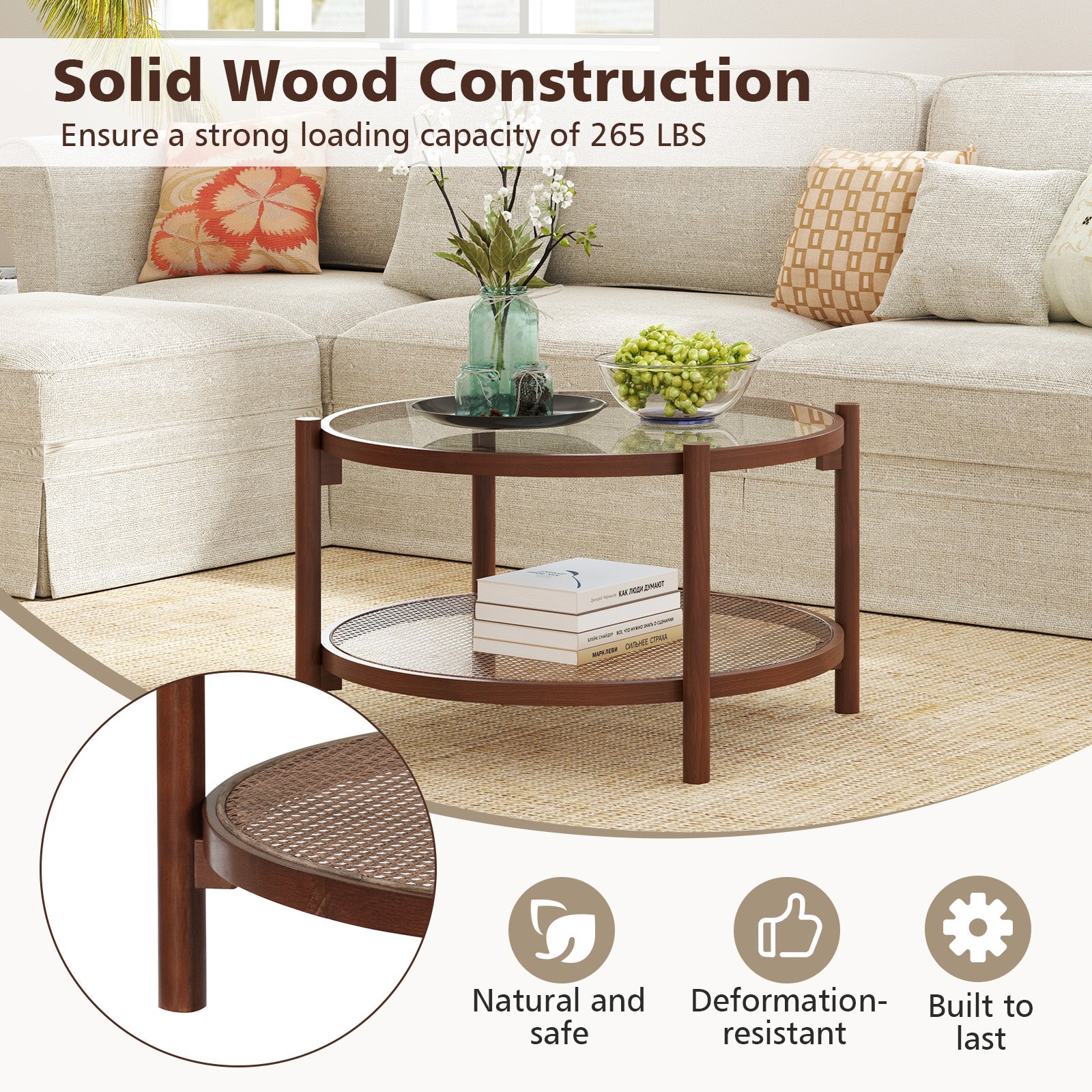 31 Inch 2-Tier Round Coffee Table with Tempered Glass Top for Living Room, Cherry Coffee Tables at Gallery Canada