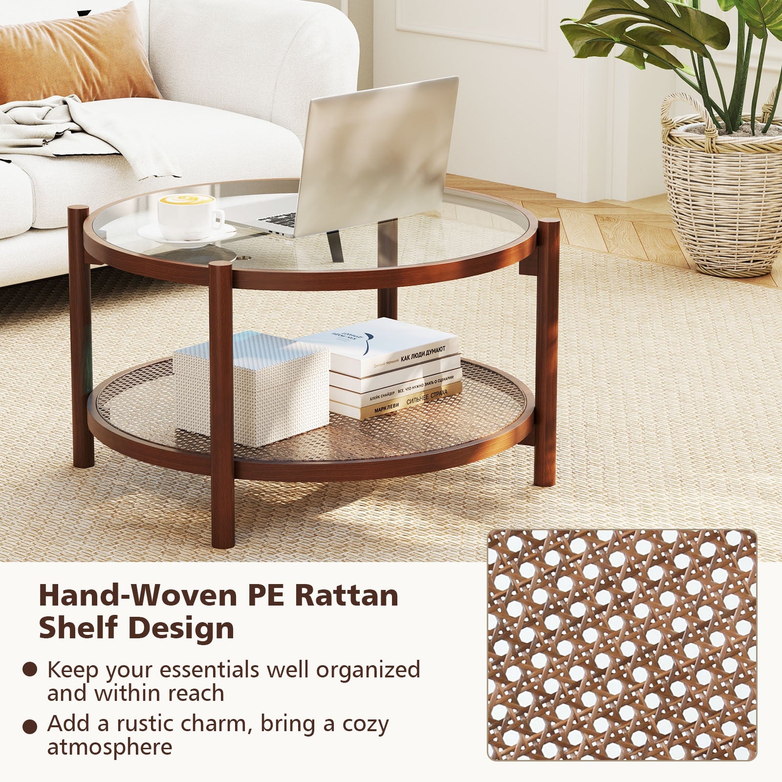 31 Inch 2-Tier Round Coffee Table with Tempered Glass Top for Living Room, Cherry Coffee Tables at Gallery Canada