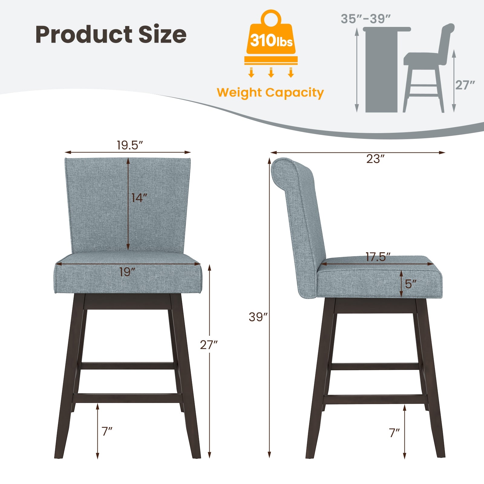 27 Inch Counter Height Bar Chairs with Rubber Wood Legs Set of 2, Gray Patio Bar Furniture at Gallery Canada
